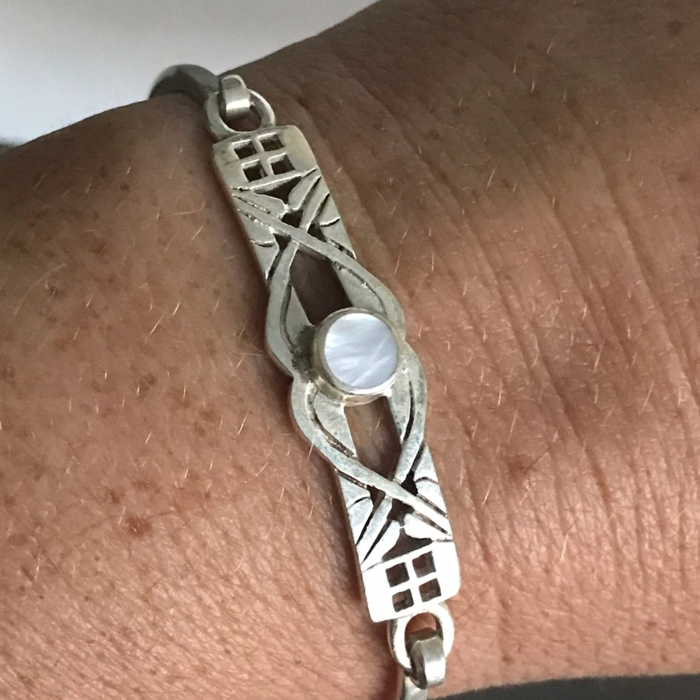 Sterling Silver Mother of Pearl Hinge Bangle Bracelet